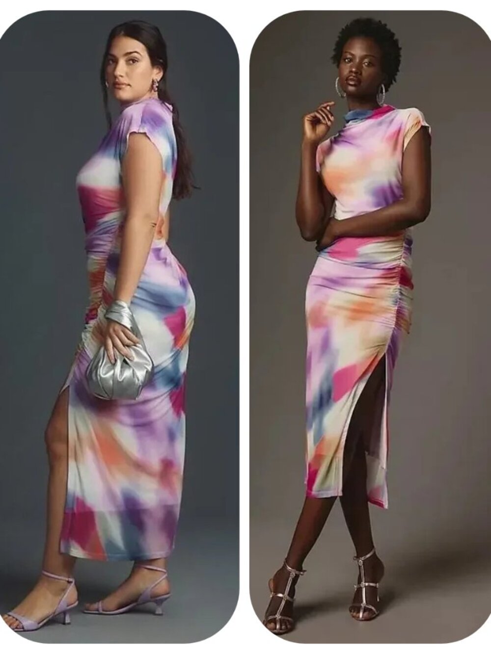 Anthropologie The Maya Ruched Cowl Neck Mesh Multicolored Midi Dress XL